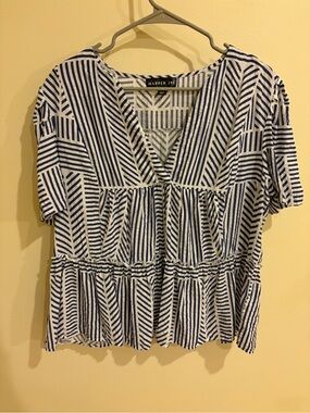 Harper 241 Blue & White Striped V-Neck Peplum Top